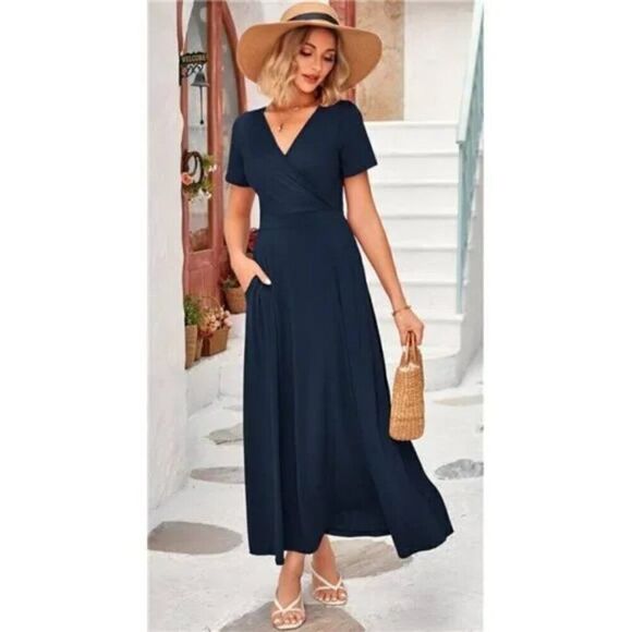 Maxi Dress for Women Short Sleeve Long Dresses with Pockets - Picture 4 of 5
